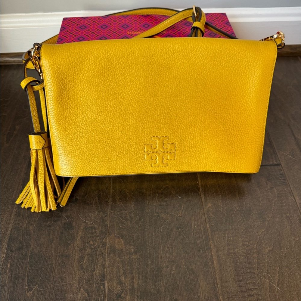 Tory Burch Mustard Yellow Pebbled Leather Crossbody with Tassel